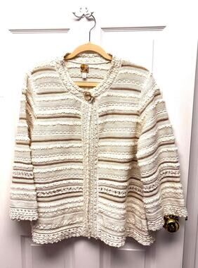 JM Collection Sweater Coat Ivory Cotton Cardigan Textured Knit Fisherman Size XL